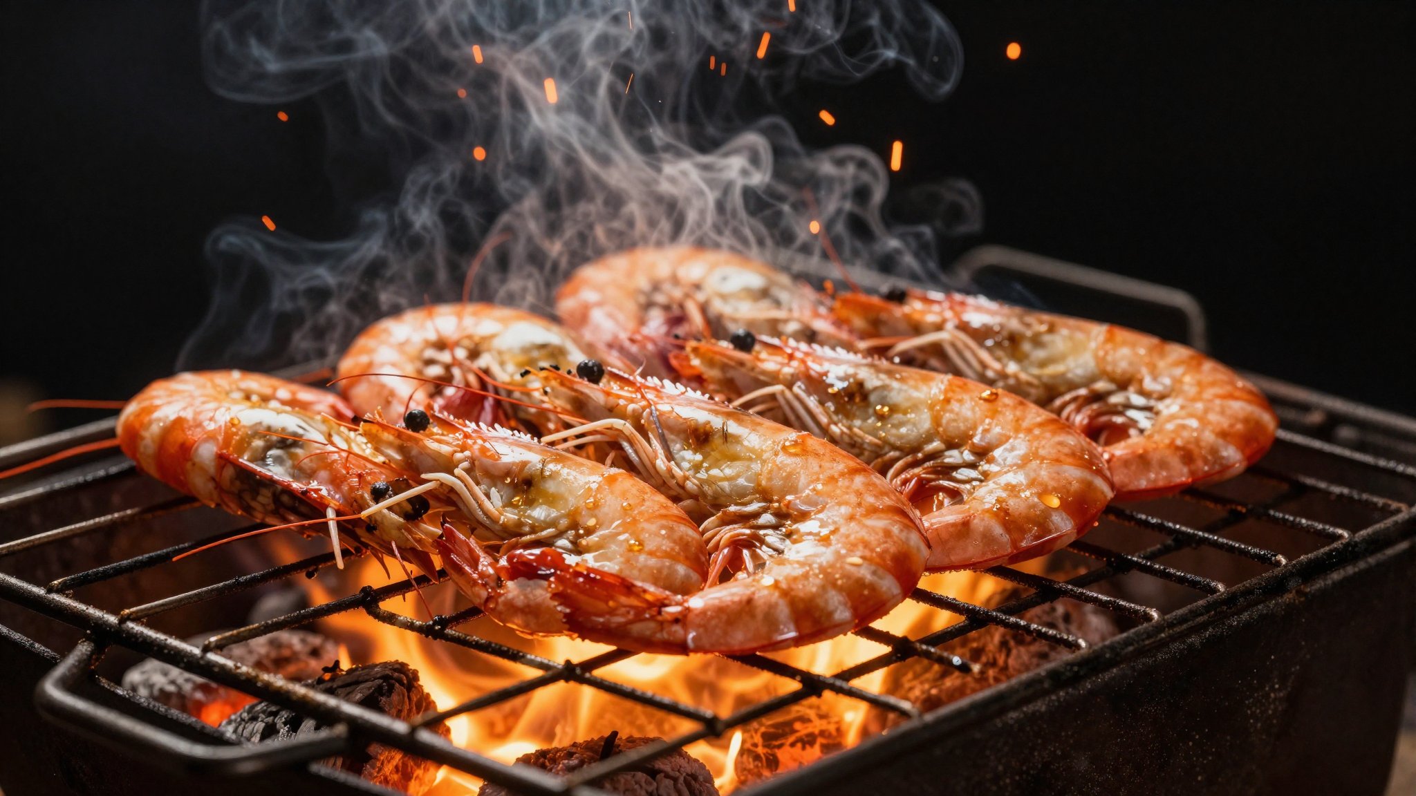 Prawns grilling over charcoal flames