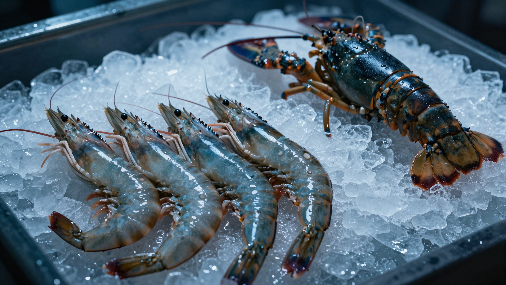 Fresh prawns and lobster on crushed ice