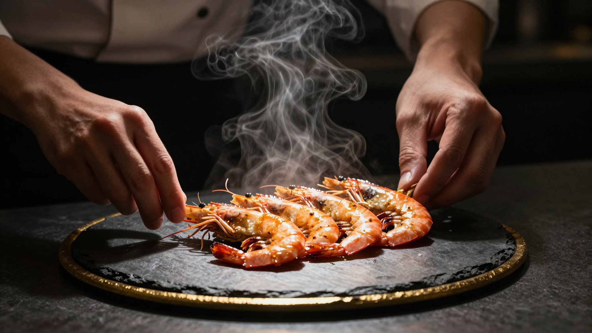 Chef plating the prawns, steam rising